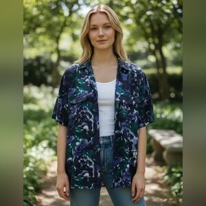 Leena Studio Vintage Silk Vibe Floral Button-Up Shirt - Blue & Black